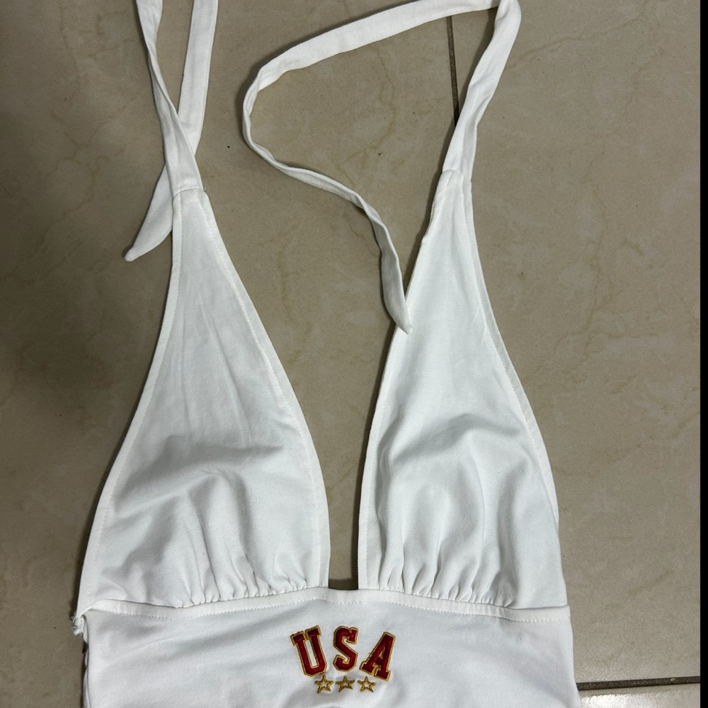 Unlisted White Halter Top with USA Embroidery